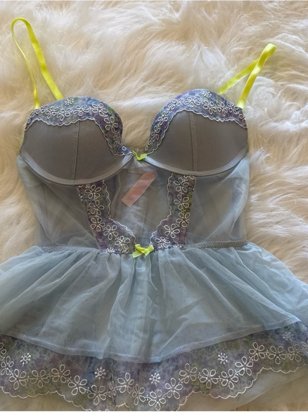 Victoria's Secret Light Blue Lace Babydoll Chemise with Neon Yellow Straps